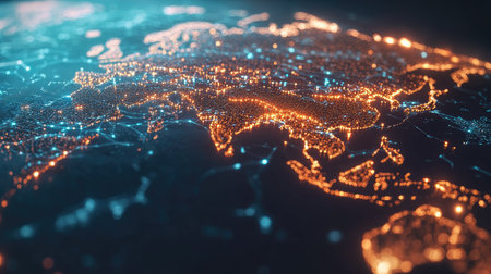 A world map with connected glowing nodes, symbolizing global data flow and digital networking across continents.の素材
