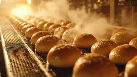 Rows of golden bread rolls moving along a conveyor belt in a clean industrial production line, freshly baked and steaming.の素材