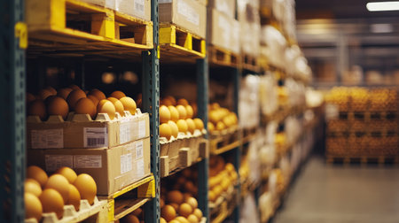 Row of cartons filled with fresh eggs, stacked high in a distribution warehouse, ready for wholesale.の素材