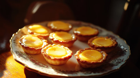Several egg custard tarts placed on a vintage plate, with warm tones highlighting their golden tops and flaky edges.の素材