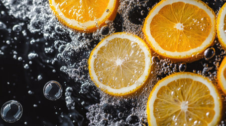 A mix of orange and lemon slices splashing into water, bubbles and splashes enhancing the vibrant colors on black.の素材