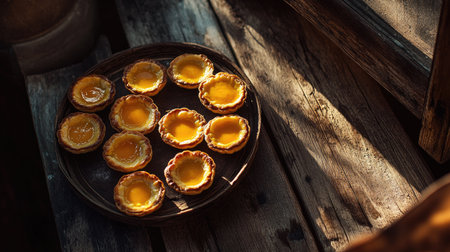 Several egg custard tarts arranged on a rustic wooden table, with a warm, inviting glow from natural light.の素材