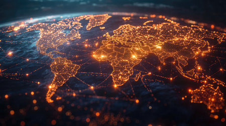 A glowing world map with connected dots, symbolizing a digital global network spanning continents and oceans.の素材