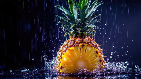 A fresh pineapple slice in a dramatic water splash, droplets surrounding the fruit on a black background for vivid contrast.の素材