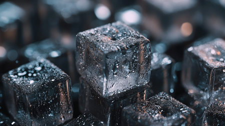 A group of melting ice cubes piled up, with tiny water droplets forming around them, giving a sense of cool freshness.の素材