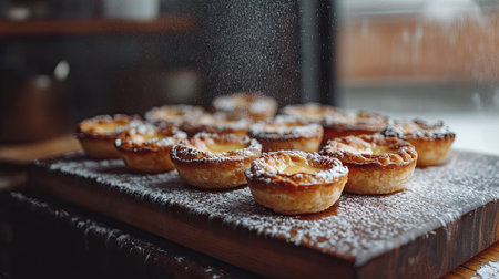 Row of egg custard tarts on a wooden board, dusted lightly with powdered sugar, glowing in natural light.の素材