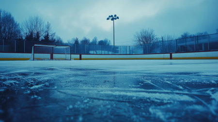 A fresh layer of ice on an empty rink with goalposts in the background, waiting for the next game.の素材