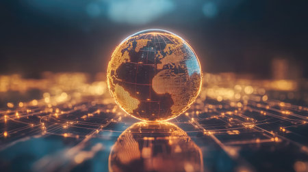 A high-tech holographic globe surrounded by digital network lines, symbolizing worldwide data flow.の素材