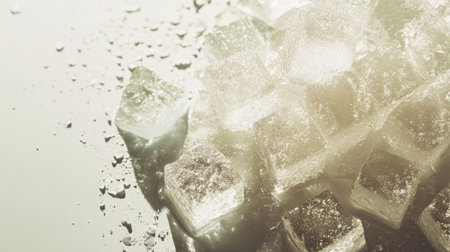 A heap of frosty ice cubes on a light surface, with clear lines and glistening condensation for a refreshing feel.の素材
