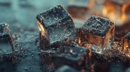 A group of melting ice cubes with frost and condensation, creating a fresh, cool effect that feels refreshing.の素材