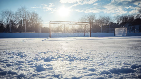 A fresh layer of ice on an empty rink with goalposts in the background, waiting for the next game.の素材