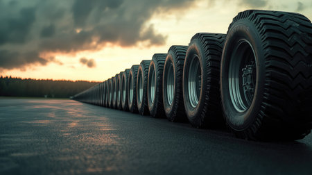 A row of trailer wheels on a blacktop road, showcasing the heavy-duty treads and thickness of each tire.の素材