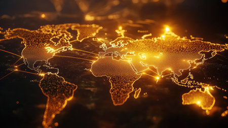 A glowing world map with connected dots, symbolizing a digital global network spanning continents and oceans.の素材
