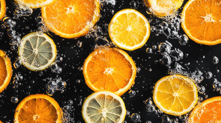 A mix of orange and lemon slices splashing into water, bubbles and splashes enhancing the vibrant colors on black.の素材