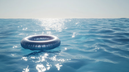 A single inflatable ring floating on crystal-clear pool water, with sunlight reflecting off the surface and creating a peaceful scene.の素材