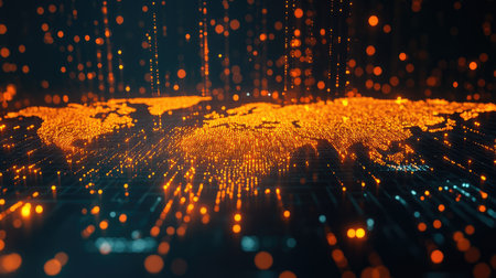 A world map with connected glowing nodes, symbolizing global data flow and digital networking across continents.の素材