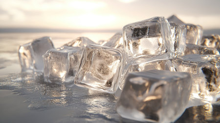 A pile of freshly made ice cubes, with glossy, sharp edges and a pure look that emphasizes the essence of cold refreshment.の素材