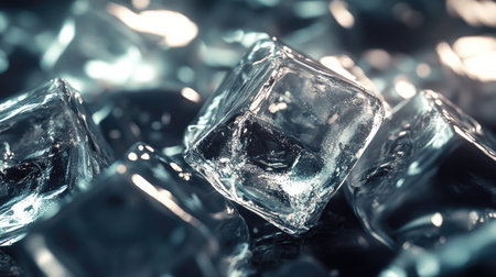 A pile of freshly made ice cubes, with glossy, sharp edges and a pure look that emphasizes the essence of cold refreshment.の素材