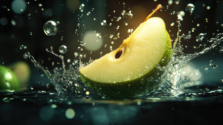 A sliced pear splashing into water, green and yellow tones illuminated against a deep black background with bubbles.の素材