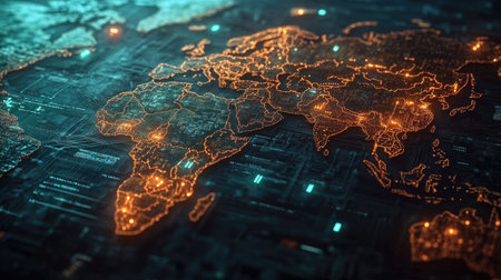 A world map with connected glowing nodes, symbolizing global data flow and digital networking across continents.の素材