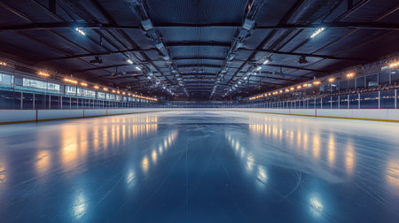 A wide-angle shot of an empty ice rink with freshly smoothed ice, reflecting the lights of the arena.の素材