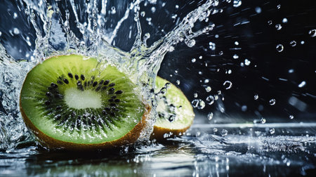 A vibrant kiwi slice in splashing water, tiny droplets catching the light and contrasting beautifully against black.の素材