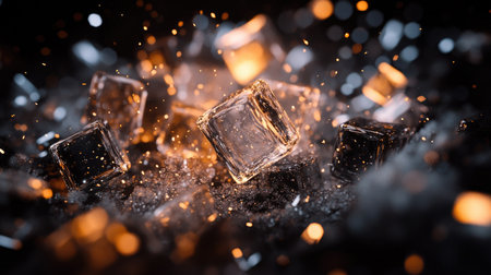 A sparkling pile of ice cubes on a dark background, each cube catching the light for a fresh and cooling effect.の素材