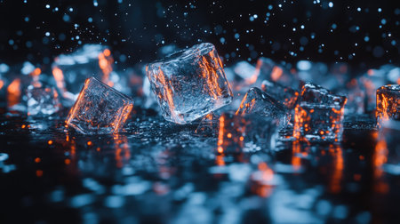 A reflective pile of ice cubes on a dark background, capturing the beauty of clear, frozen blocks of ice.の素材