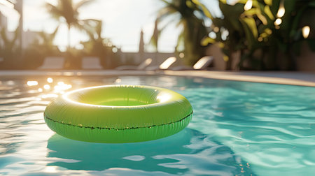 A neon green inflatable ring lazily drifting in a sunlit swimming pool, creating a peaceful and relaxed vibe.の素材