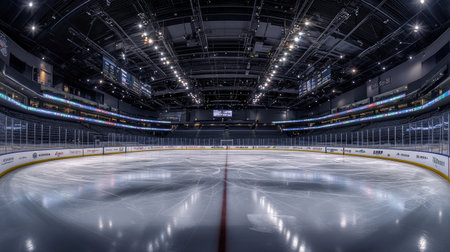 A panoramic view of an empty hockey rink with clean, undisturbed ice and bright overhead lights.の素材