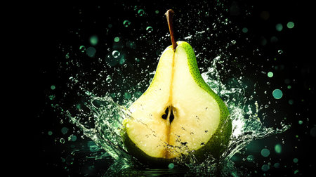 A sliced pear splashing into water, green and yellow tones illuminated against a deep black background with bubbles.の素材