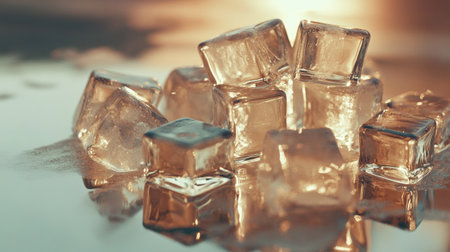A refreshing pile of clear, shimmering ice cubes on a reflective surface, capturing each cube's smooth edges and texture.の素材