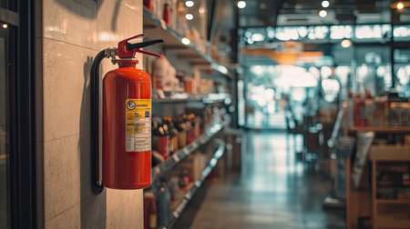 Red fire extinguisher mounted on a wall in a spacious retail store, prepared for emergencies with signage.の素材