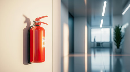 Red fire extinguisher hanging on a clean white wall in a modern office hallway, brightly lit and easily accessible.の素材