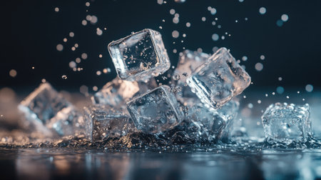 A group of melting ice cubes piled up, with tiny water droplets forming around them, giving a sense of cool freshness.の素材