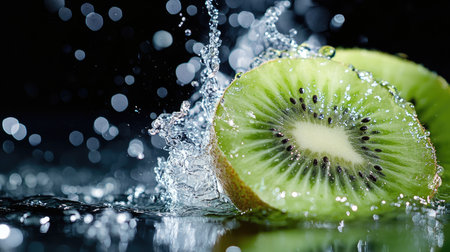 A vibrant kiwi slice in splashing water, tiny droplets catching the light and contrasting beautifully against black.の素材