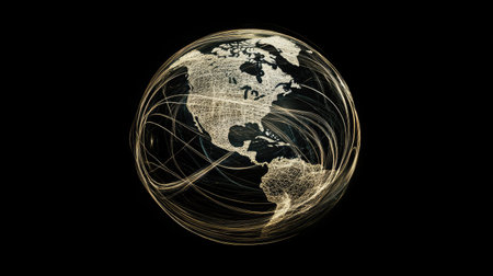 A futuristic globe with swirling network lines, emphasizing the global spread of data and digital connectivity.の素材