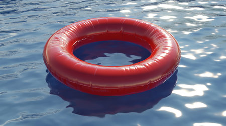 Bright red inflatable ring in a pool with shimmering blue water and reflections of the summer sky, ideal for fun in the sun imagery.の素材
