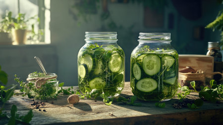 Clear jars of cucumbers in brine, surrounded by fresh herbs and spices on a rustic wood surface, with soft natural lightの素材