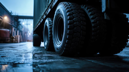 Black wheels of a trailer parked at a loading dock, showing the powerful stance and readiness of the tires.の素材