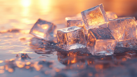 Bright, crystal-clear ice cubes piled together on a wet surface, with reflections and condensation capturing icy freshness.の素材
