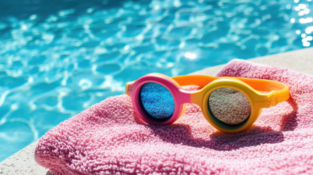 Children's swimming goggles with fun colors, lying on a soft towel by the poolside, creating a playful summer scene.の素材