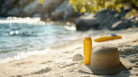 Bright sunscreen and beach hat on sandy beach near the water's edge, capturing a sunny day with proper sun protection.の素材