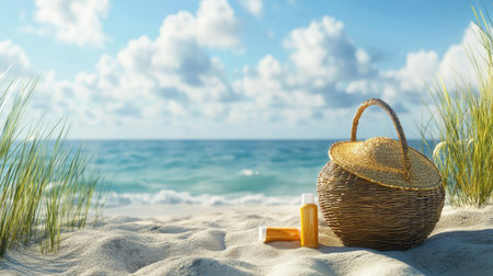 Close-up of beach bag with sunscreen and a sunhat on sandy shore, with clear blue sky and ocean in the distance.の素材