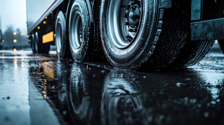 Close-up of black trailer wheels on wet pavement, with shiny reflections highlighting the tire strength.の素材