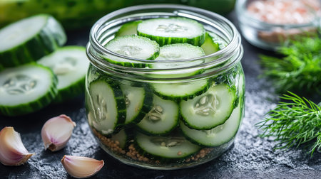 Close-up of sliced cucumbers in a mason jar with garlic and dill, ready for pickling, surrounded by fresh ingredientsの素材