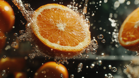Bright orange slices dropping into water, surrounded by splashes and bubbles, symbolizing fresh and zesty flavors.の素材