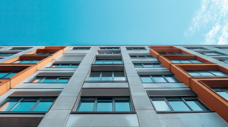 Concrete facade with bold architectural lines and shapes, framed by a clear blue sky, evoking urban sophistication.の素材