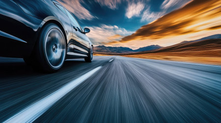 Car speeding down an empty desert highway, mountains in the distance, with dramatic clouds filling the skyの素材