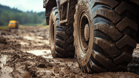 Big truck wheels on a rough dirt road, with close-up details of the tread and strength of the tires.の素材